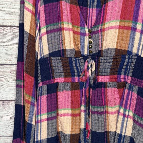 Pilcro Anthro Pink Blue Plaid Peplum Long Balloon Sleeve Fall Blouse Top Size XS - Picture 9 of 13